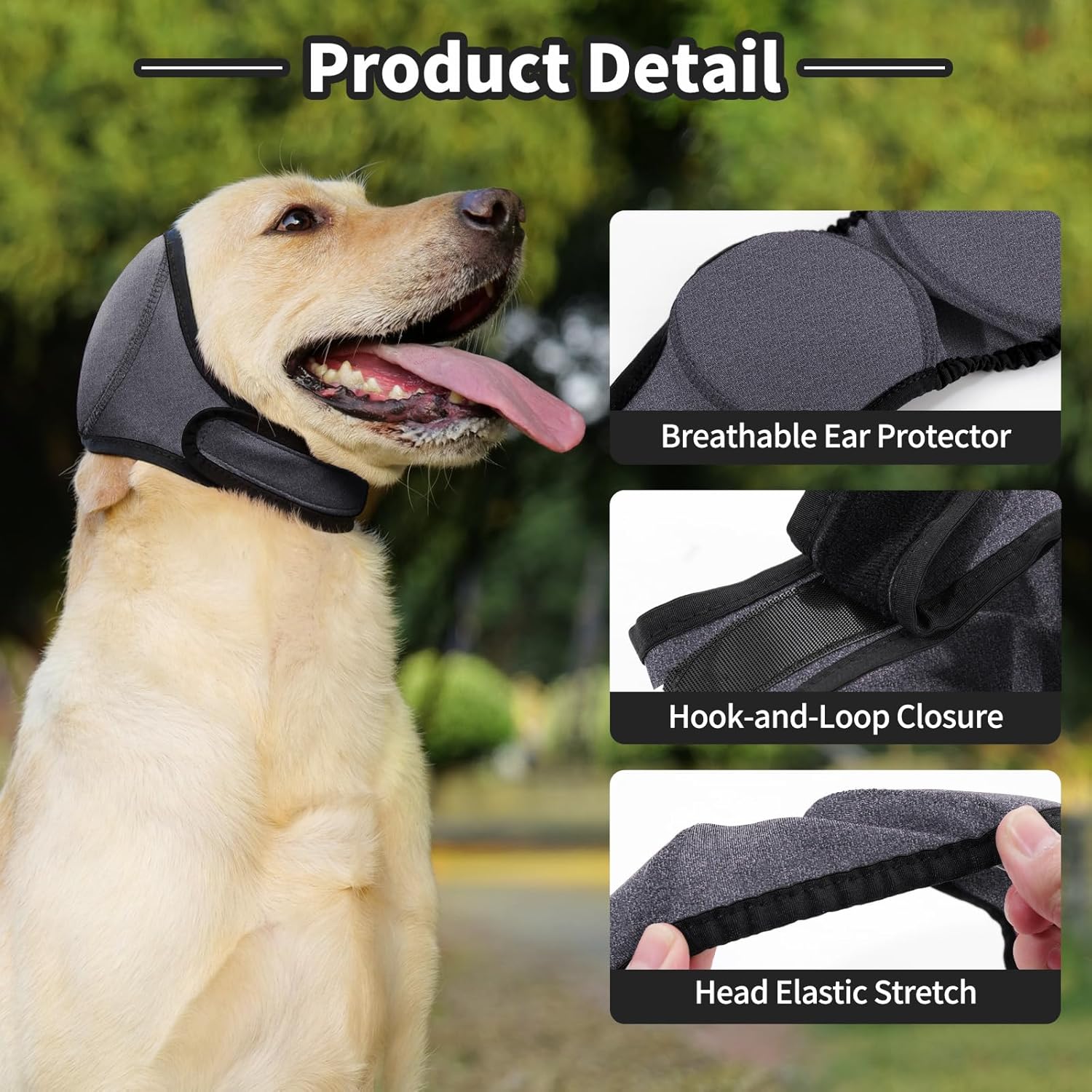 Dog wearing Lianzimau calming ear hood for noise reduction