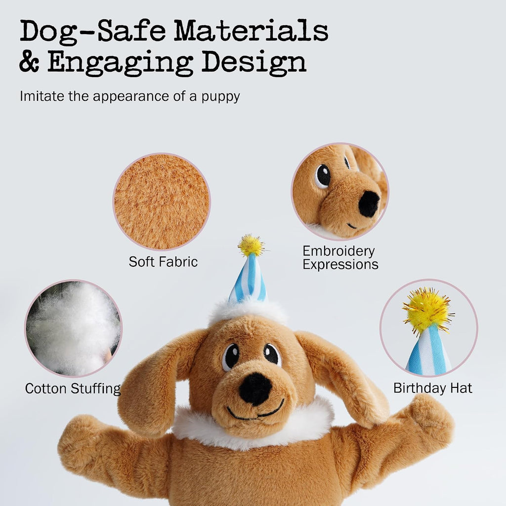 Close up of soft plush texture on Fuzzwoof birthday cake dog toy
