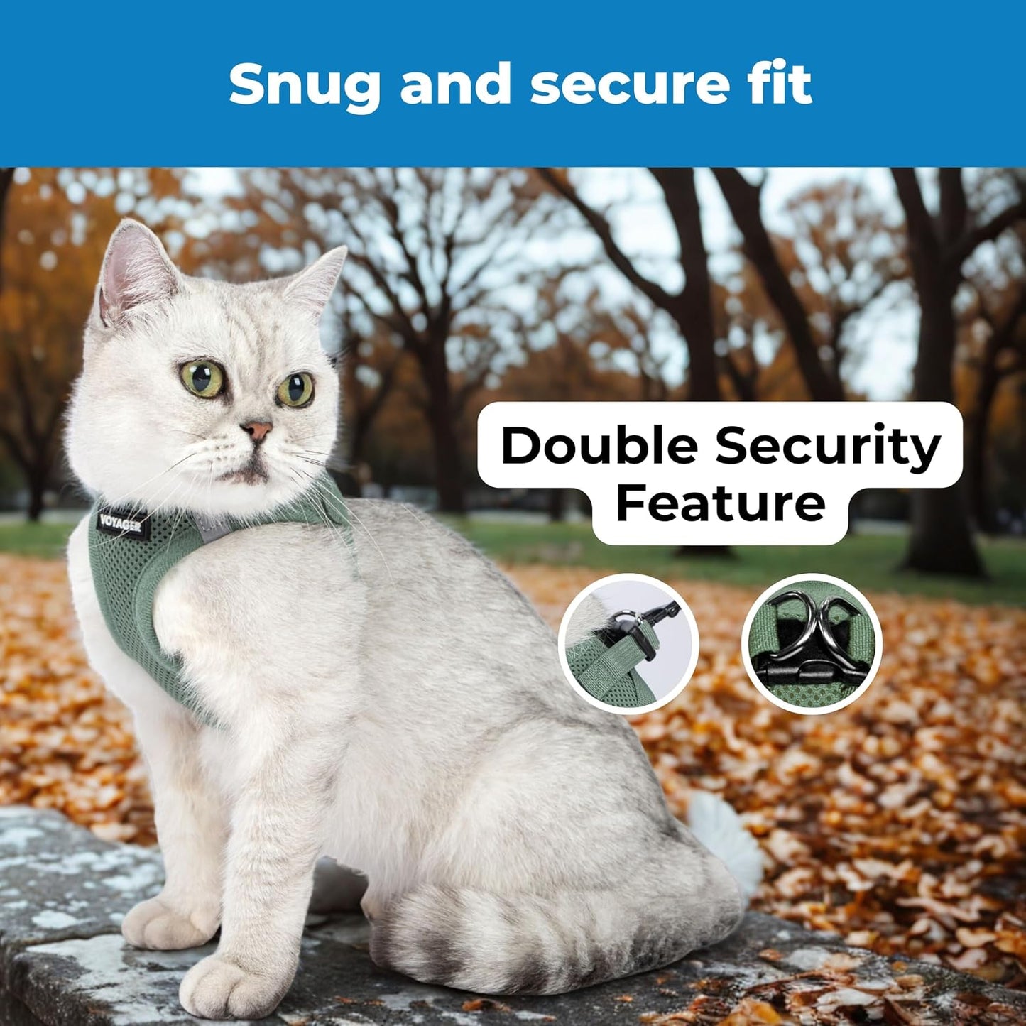 Close up of the dual metal D rings on the Voyager pet vest