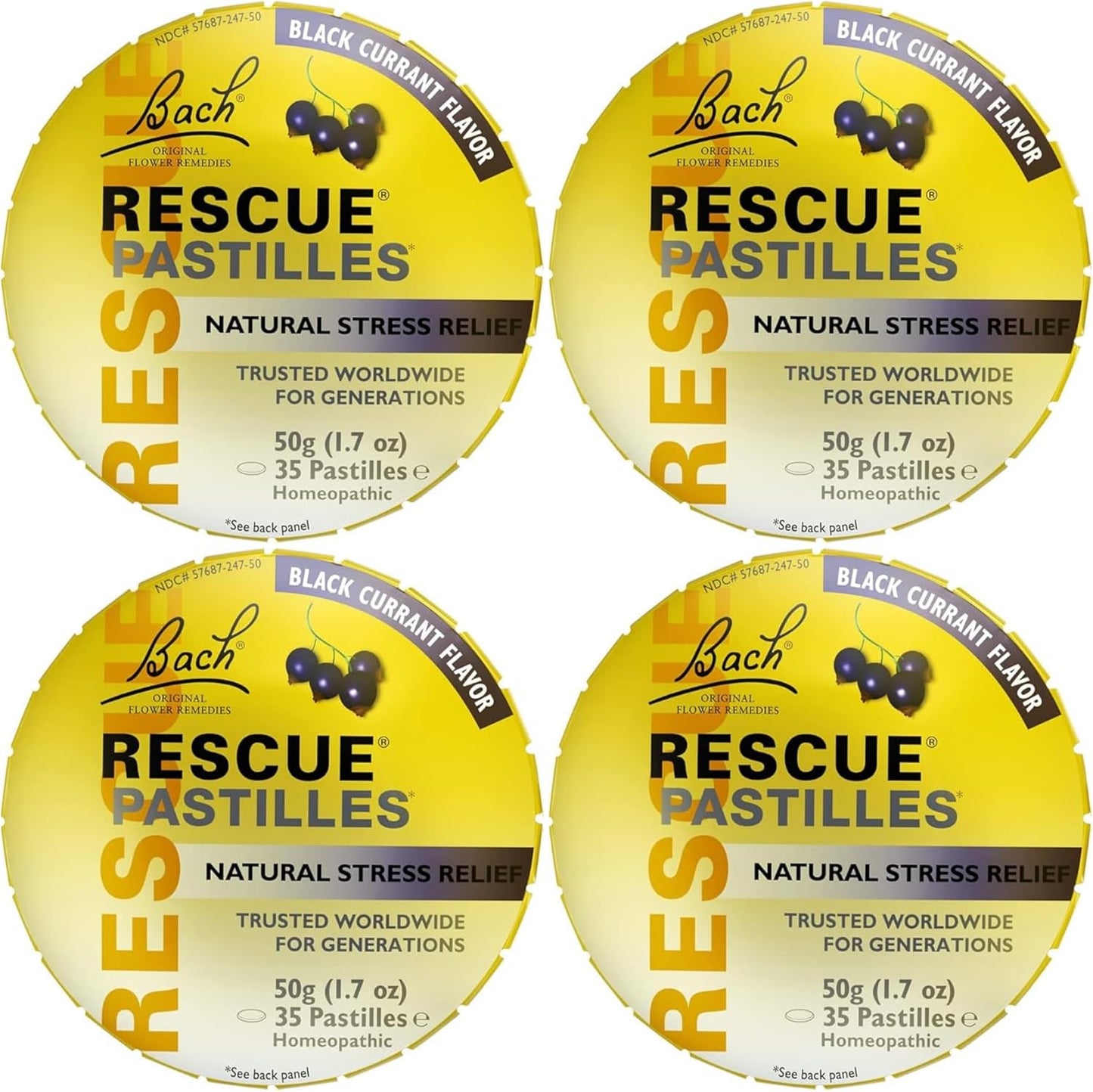 Bach Rescue Remedy Pastilles Black Currant tin front view for stress relief.