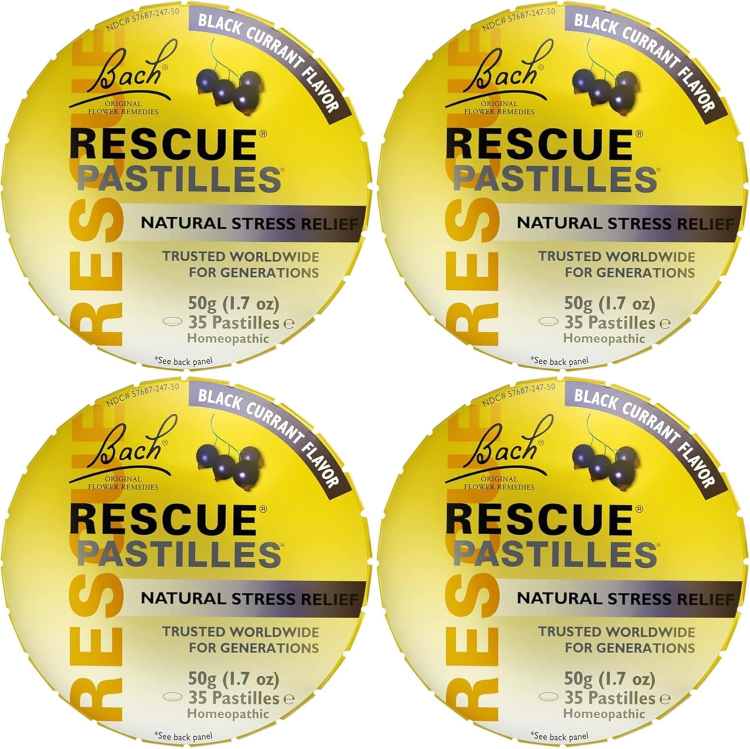 Bach Rescue Remedy Pastilles Black Currant tin front view for stress relief.
