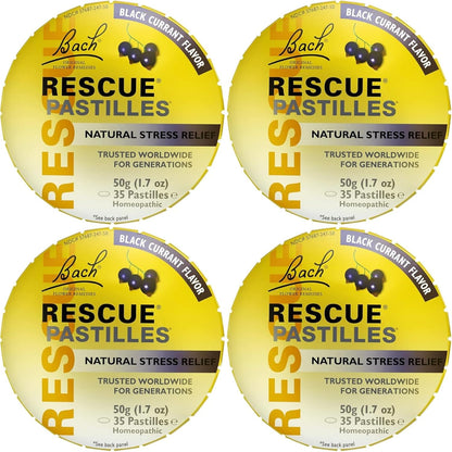 Bach Rescue Remedy Pastilles Black Currant tin front view for stress relief.