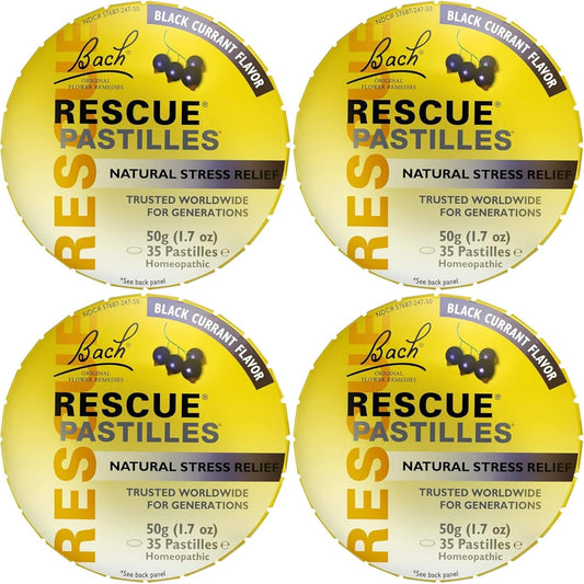 Bach Rescue Remedy Pastilles Black Currant tin front view for stress relief.