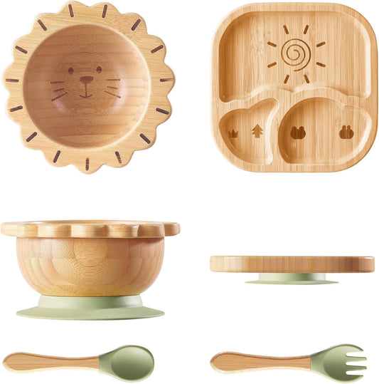 Baby Remember bamboo suction feeding set with lion bowl and spoon front view