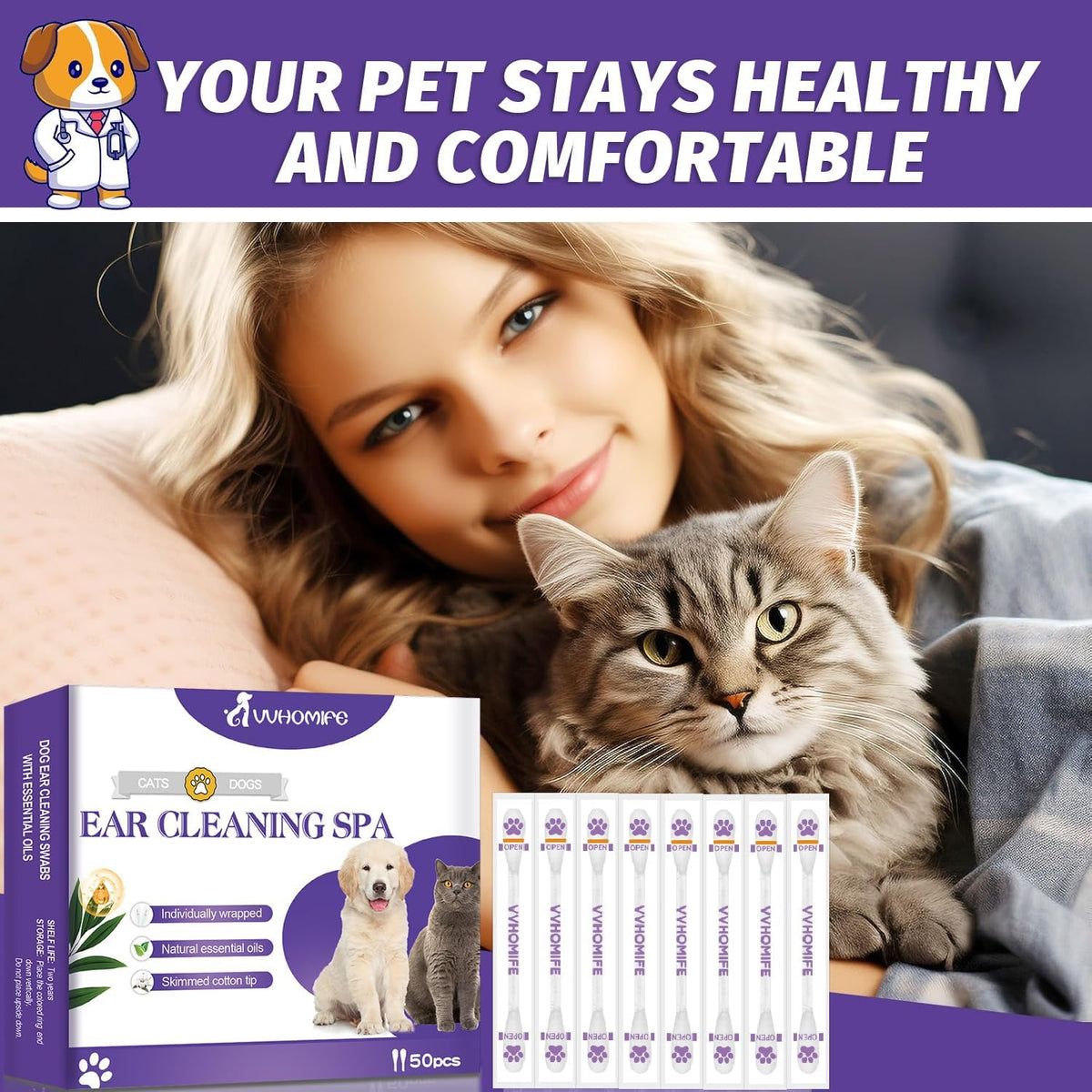 Vvhomife pet ear swabs pack of 50 units