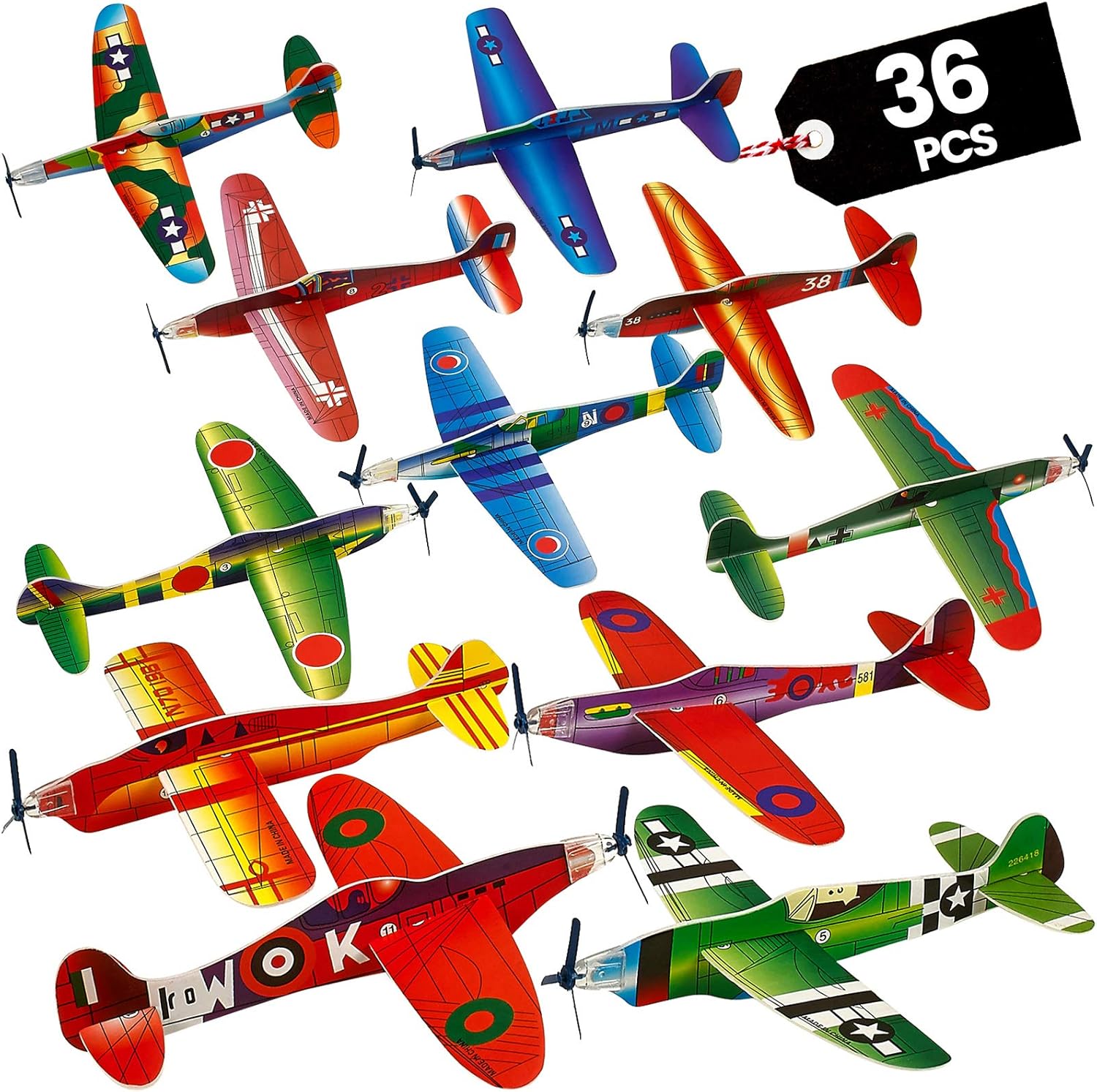 Bedwina Glider Planes Bulk Pack front view of multiple colorful assembled foam airplane toys.
