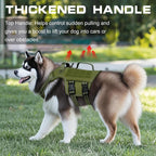 RunFido tactical no pull dog vest showcasing the dual handle design and metal leash attachments.