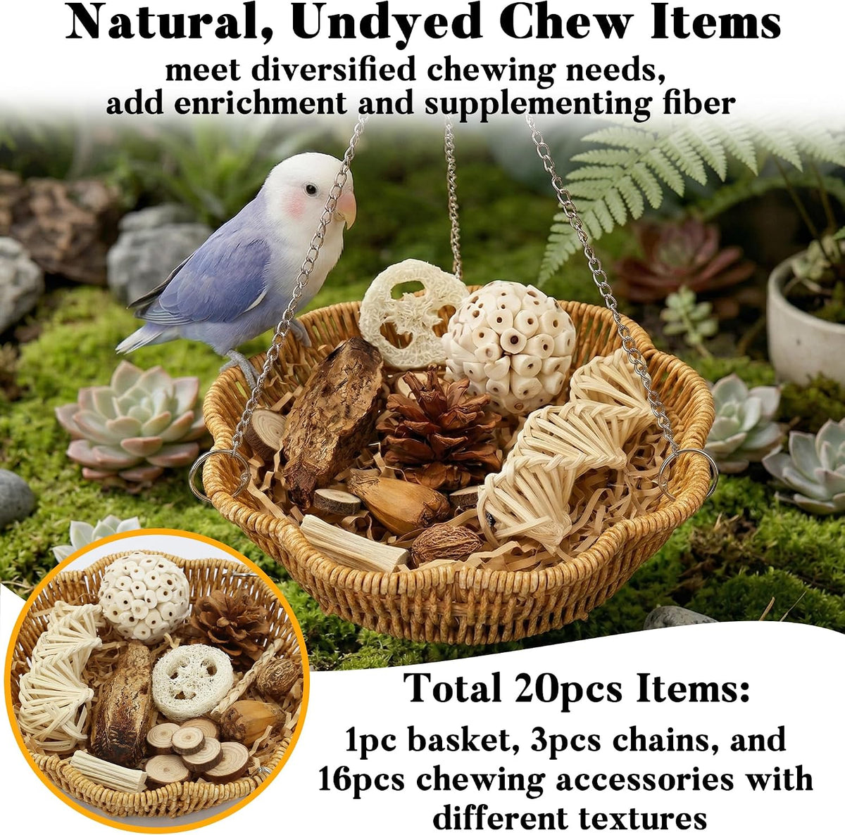 Jevnd natural bird shredding toys and sola balls close up