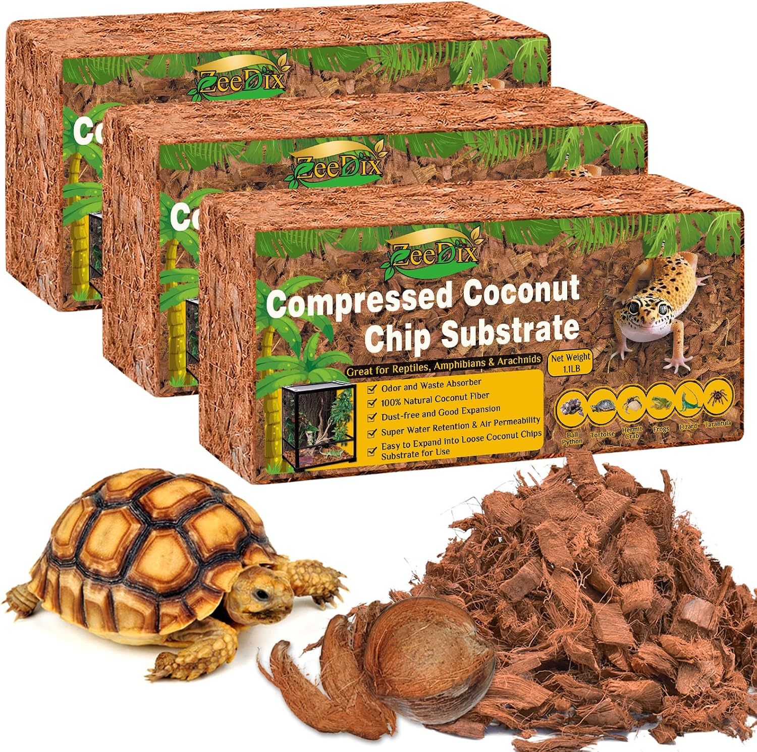 ZeeDix organic coconut coir bedding layout for snake and tortoise habitats