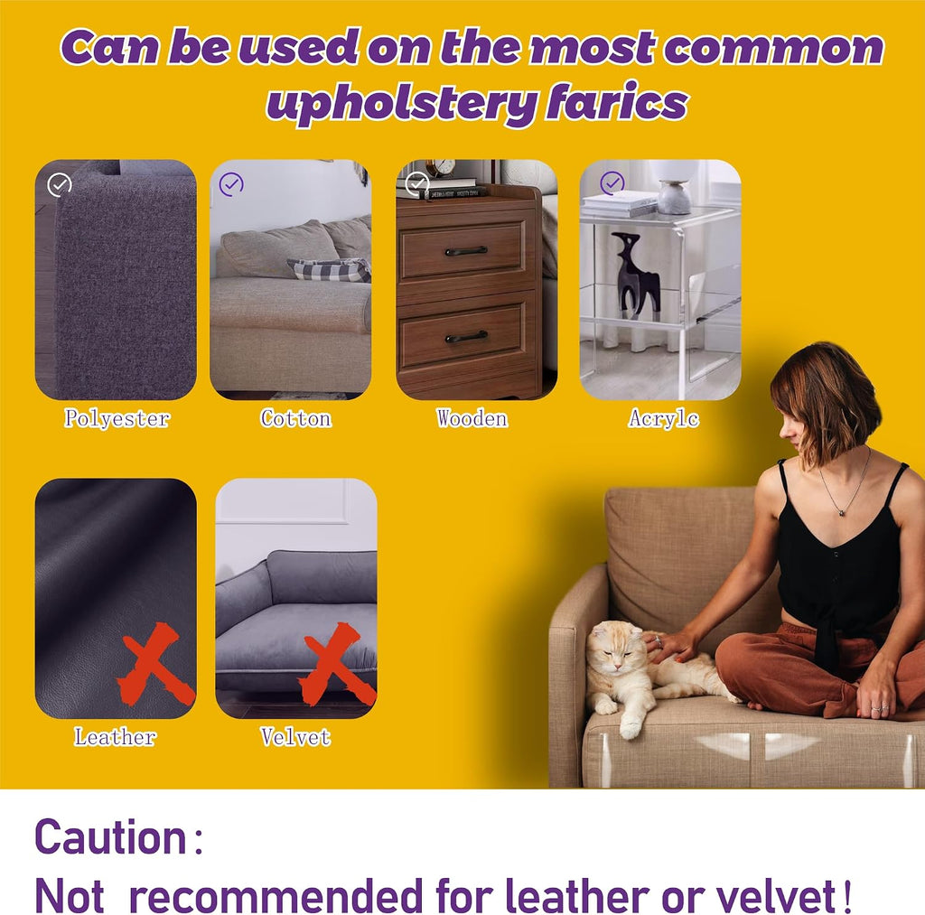 Transparent cat scratch deterrent tape applied to a couch corner