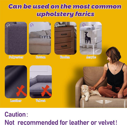 Transparent cat scratch deterrent tape applied to a couch corner