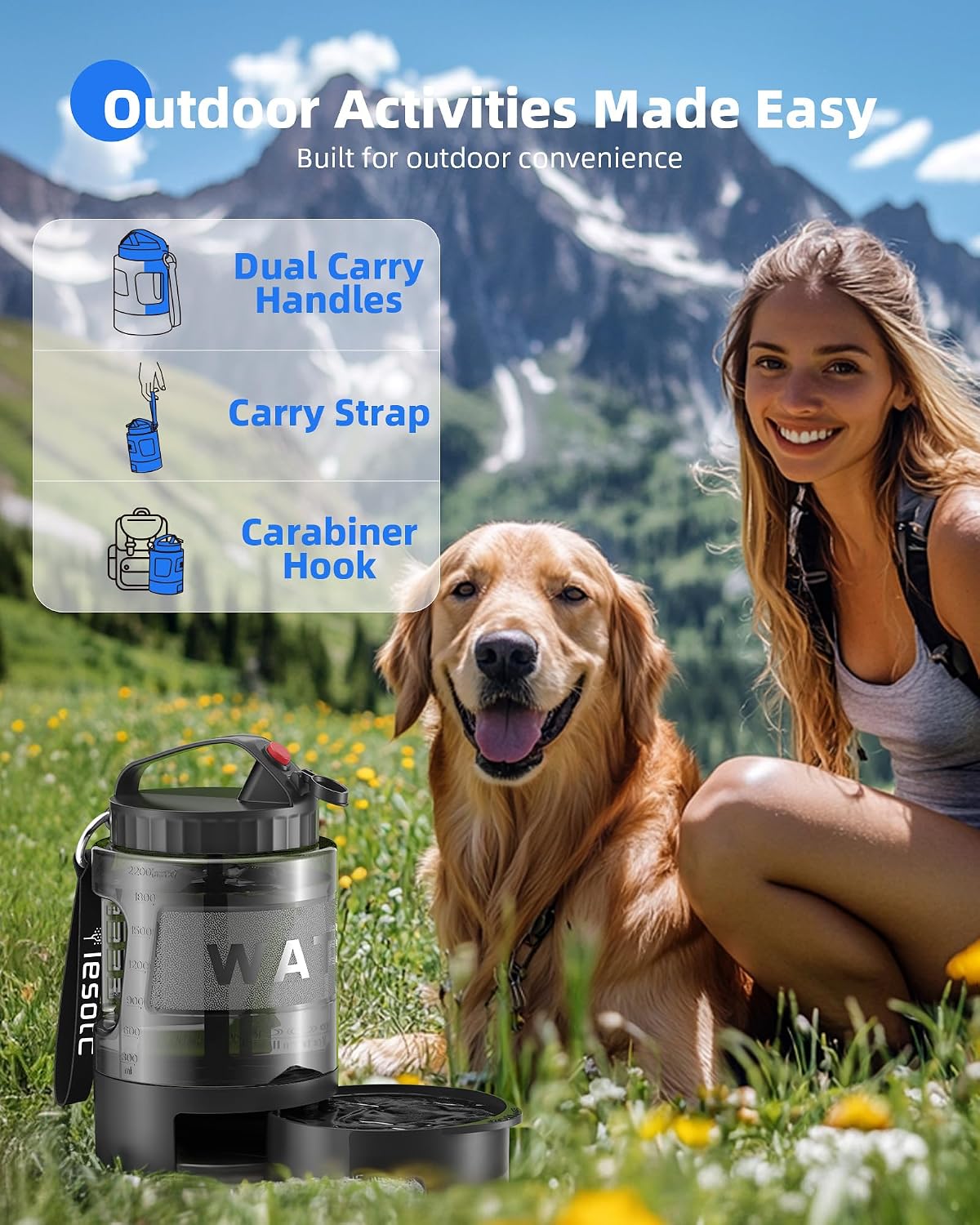 Lesotc dog water dispenser showing the wide mouth opening with ice cubes being added