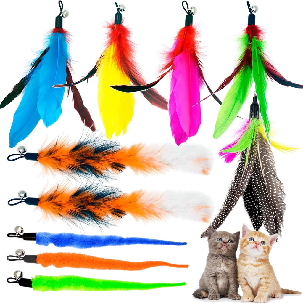 TIENAILING cat feather toy refills ten pieces pack containing colorful feathers and fuzzy worms with bells.