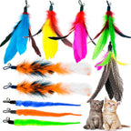 TIENAILING cat feather toy refills ten pieces pack containing colorful feathers and fuzzy worms with bells.