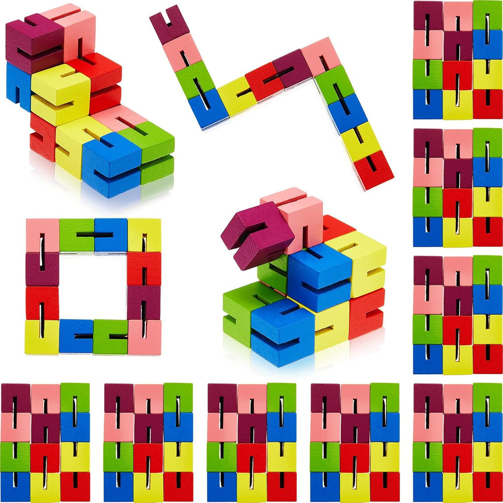 Sumind wooden fidget toy twist block cubes front view featuring multi colored flexible interconnected sensory puzzle pieces