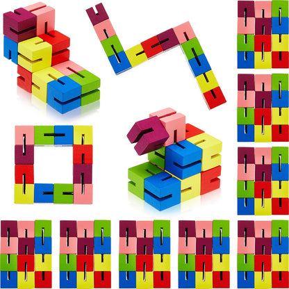 Sumind wooden fidget toy twist block cubes front view featuring multi colored flexible interconnected sensory puzzle pieces