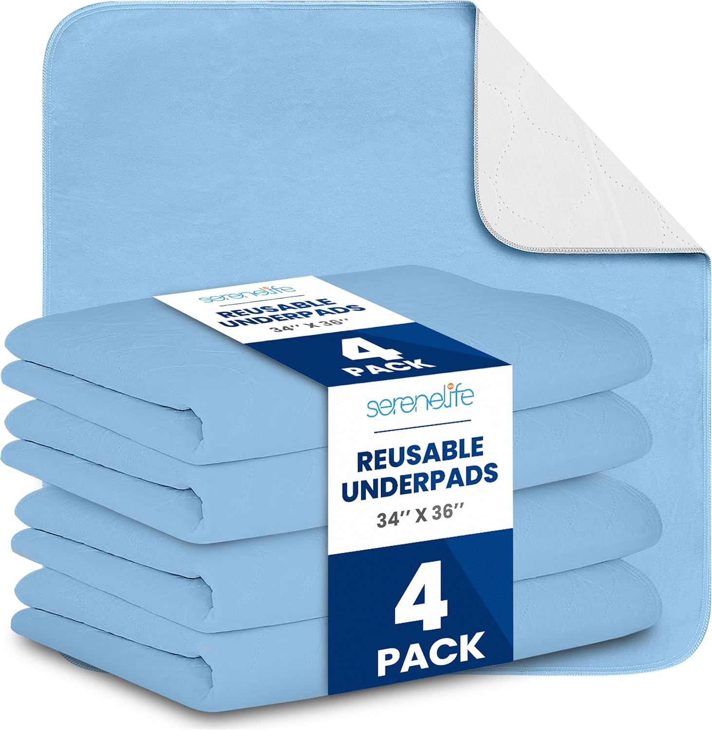 SereneLife reusable blue incontinence bed pads front view