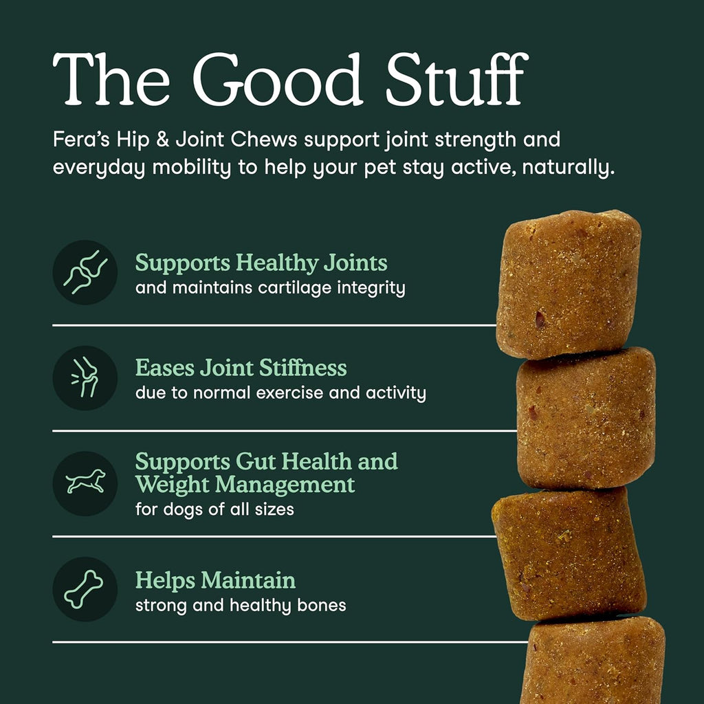 Fera Pets dog joint chew jar showing ingredients list and nutritional breakdown