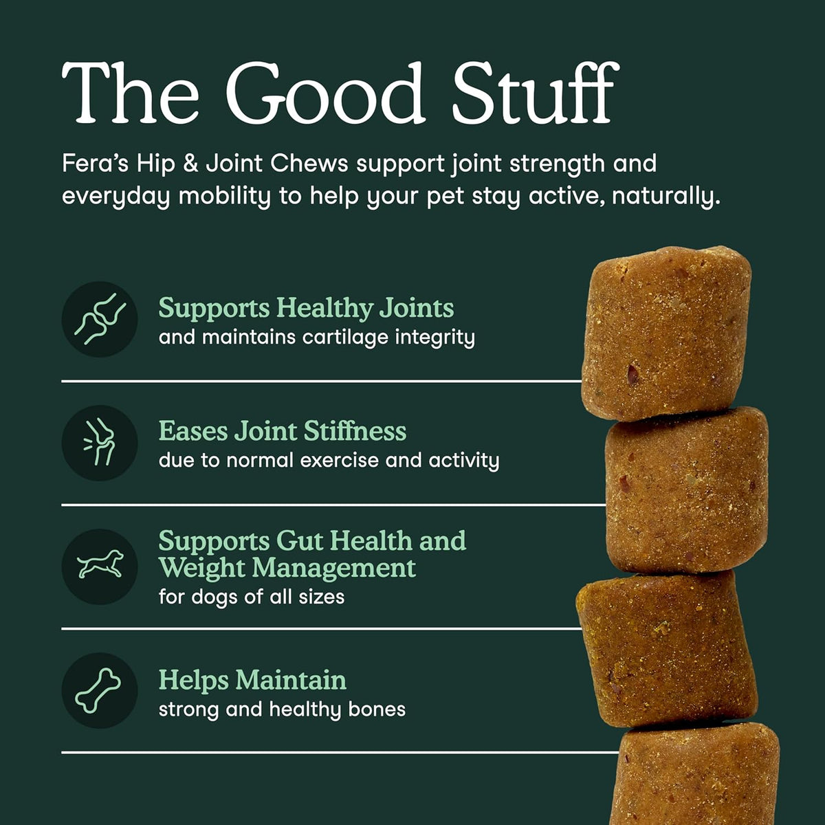 Fera Pets dog joint chew jar showing ingredients list and nutritional breakdown