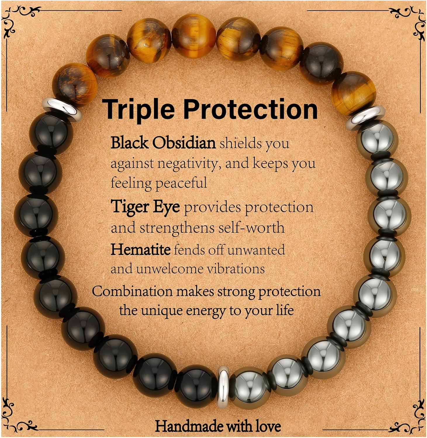 Gnamy Triple Protection Bracelet front view featuring Tiger Eye and Obsidian beads.