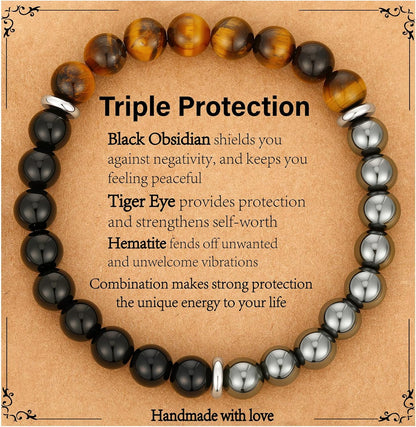 Gnamy Triple Protection Bracelet front view featuring Tiger Eye and Obsidian beads.