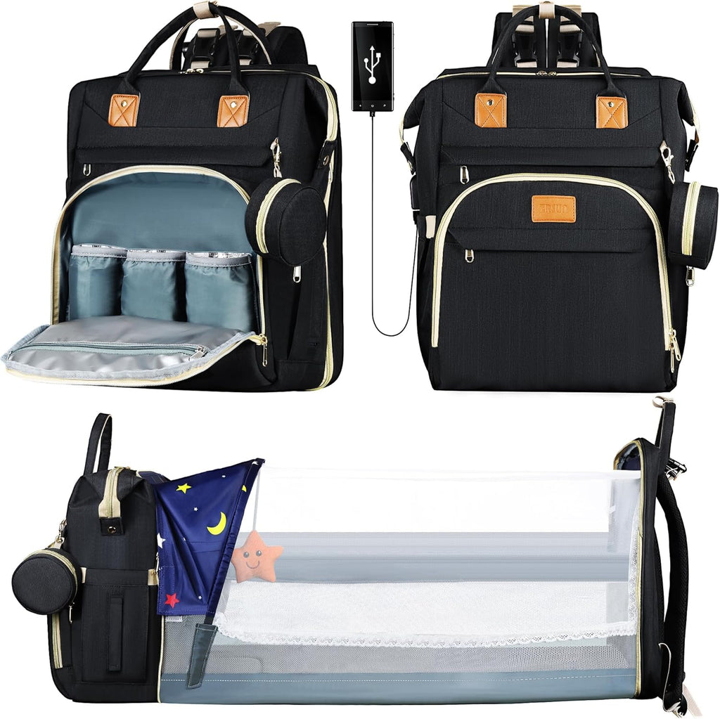 Zrsun baby diaper bag backpack front view with black waterproof fabric