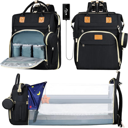 ZRSUN baby diaper bag backpack front view in black color featuring premium waterproof fabric and heavy duty zippers.