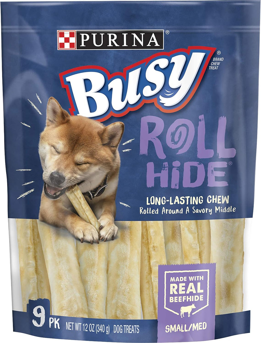 Purina Busy Rollhide dog treats front view pouch of nine count imported rawhide bones.
