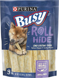 Purina Busy Rollhide dog treats front view pouch of nine count imported rawhide bones.