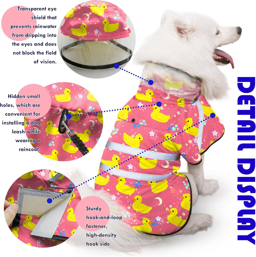 Back angle view of the pink and yellow rubber duck printed dog outerwear.