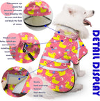 Back angle view of the pink and yellow rubber duck printed dog outerwear.