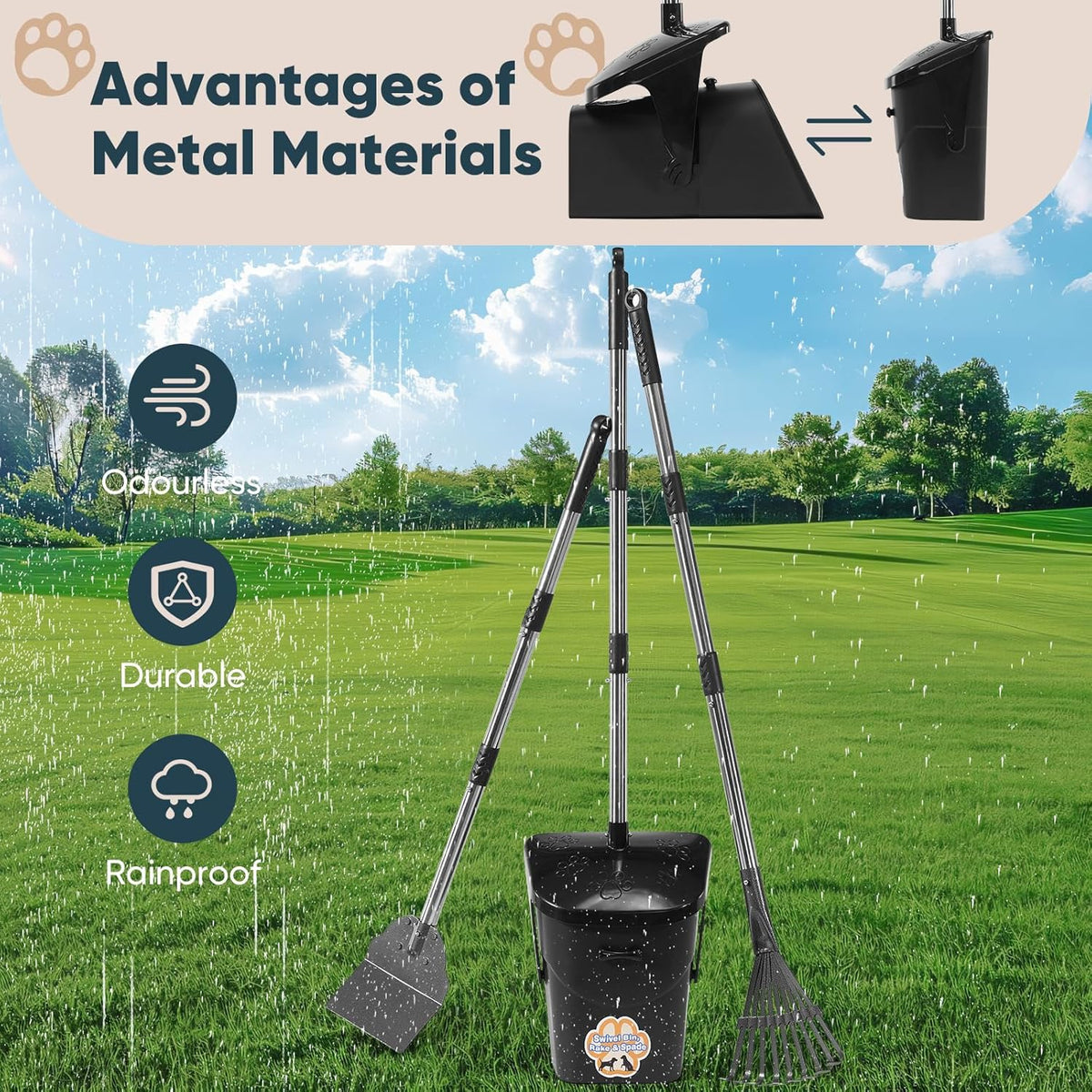 Heavy duty metal rake gathering pet waste from green yard grass.