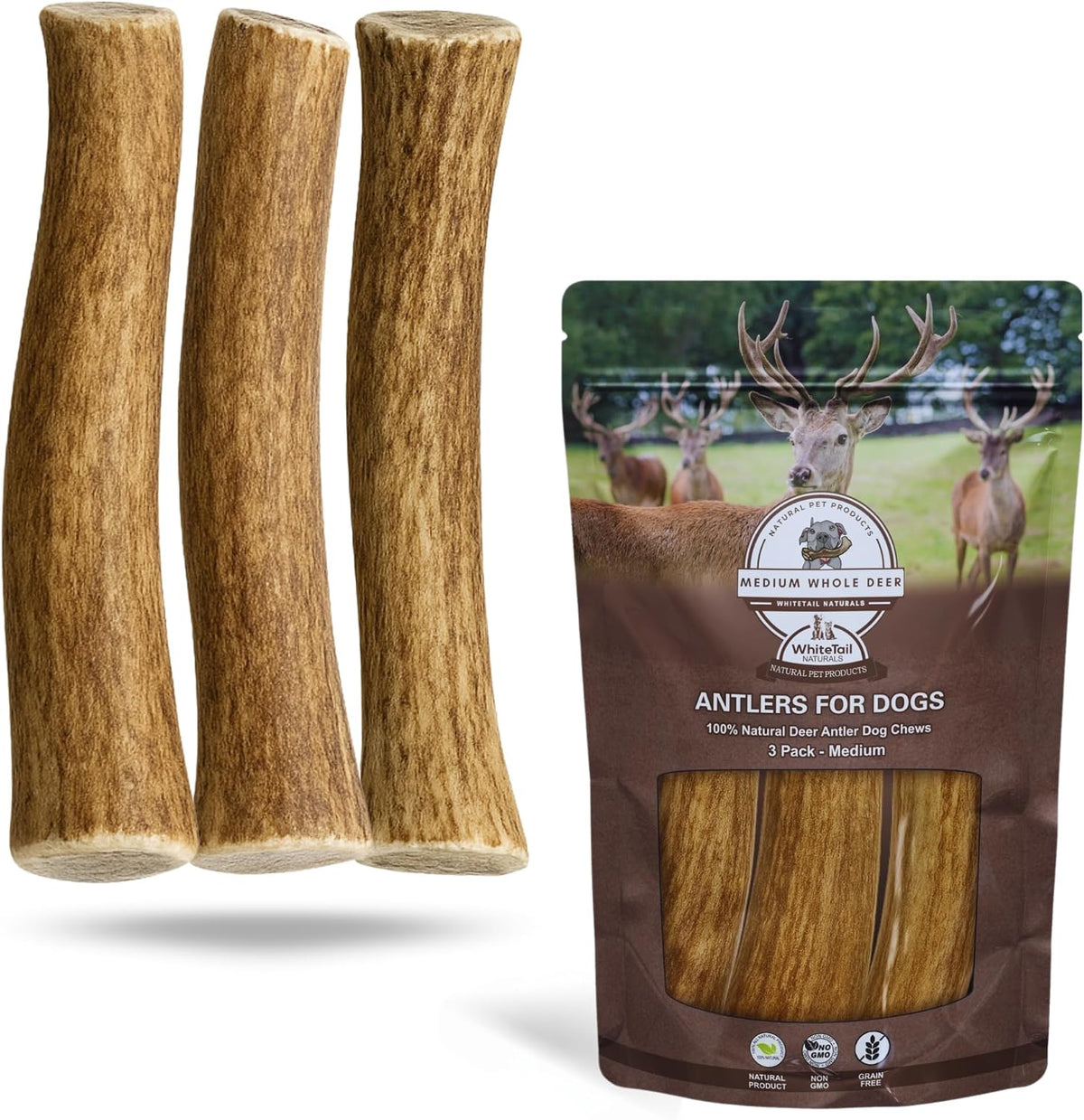 WhiteTail Naturals Deer Antler Dog Chews 3 Pack front view premium long lasting dog bones