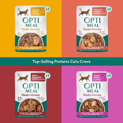 Optimeal savory protein selection tender morsels in gravy packaging texture and details