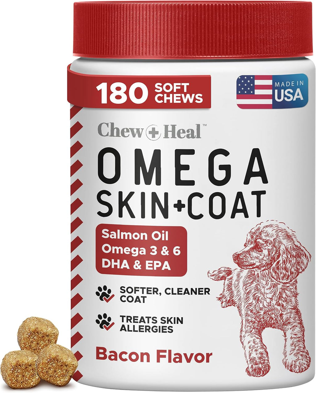 Omega 3 Fish Oil for Dogs - 180 Soft Chews for Itch Relief, Shedding & Hot Spots - Skin and Coat Supplement - Salmon Oil, EPA & DHA - Allergy Chews - Made in USA - Chew + Heal - Image 12