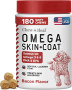 Omega 3 Fish Oil for Dogs - 180 Soft Chews for Itch Relief, Shedding & Hot Spots - Skin and Coat Supplement - Salmon Oil, EPA & DHA - Allergy Chews - Made in USA - Chew + Heal - Image 12