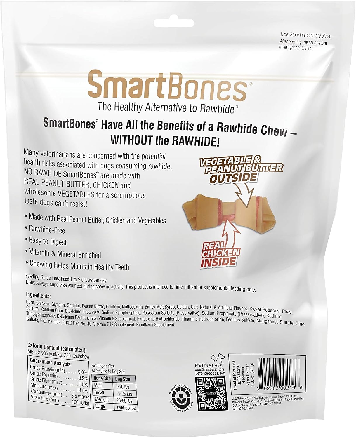 Rawhide-free peanut butter and chicken medium dog treats close up packaging layout
