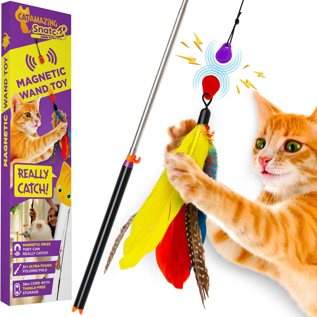 Cat Amazing Snatch Magnetic Cat Wand Toy front view featuring the telescoping aluminum pole and feather lure