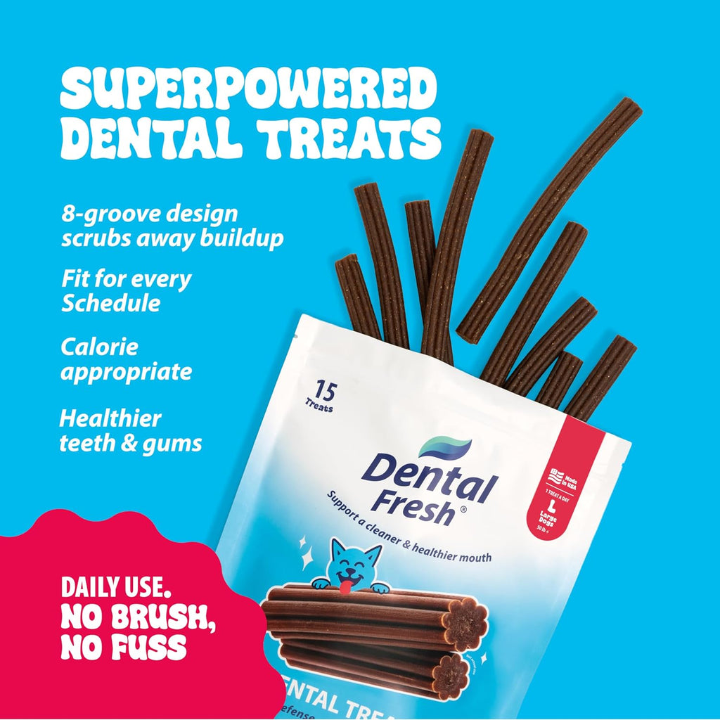 Close up of peanut butter flavored dog dental treats with Bacti-Shield technology logo
