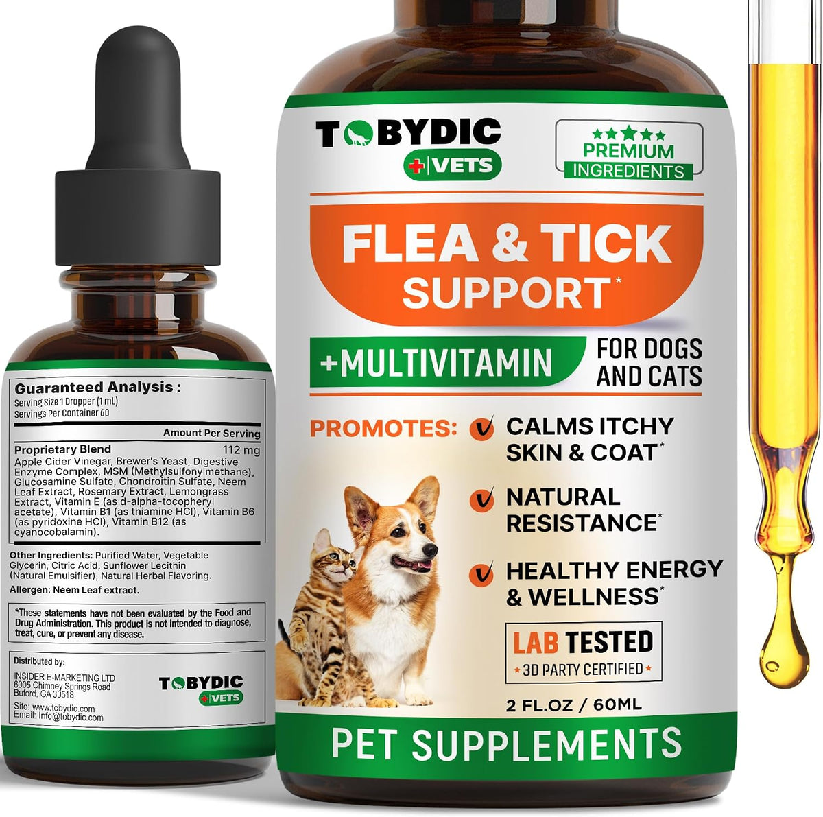 Tobydic Flea and Tick Prevention Support natural oral drops front packaging view.