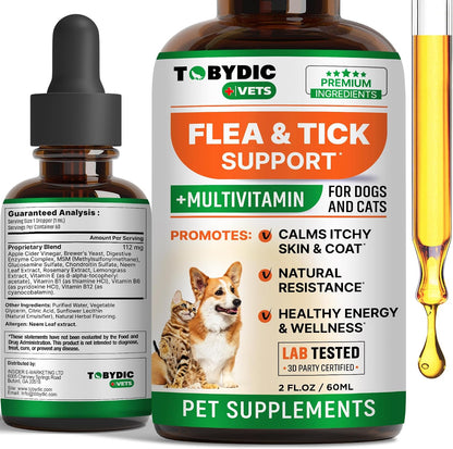 Tobydic Flea and Tick Prevention Support natural oral drops front packaging view.