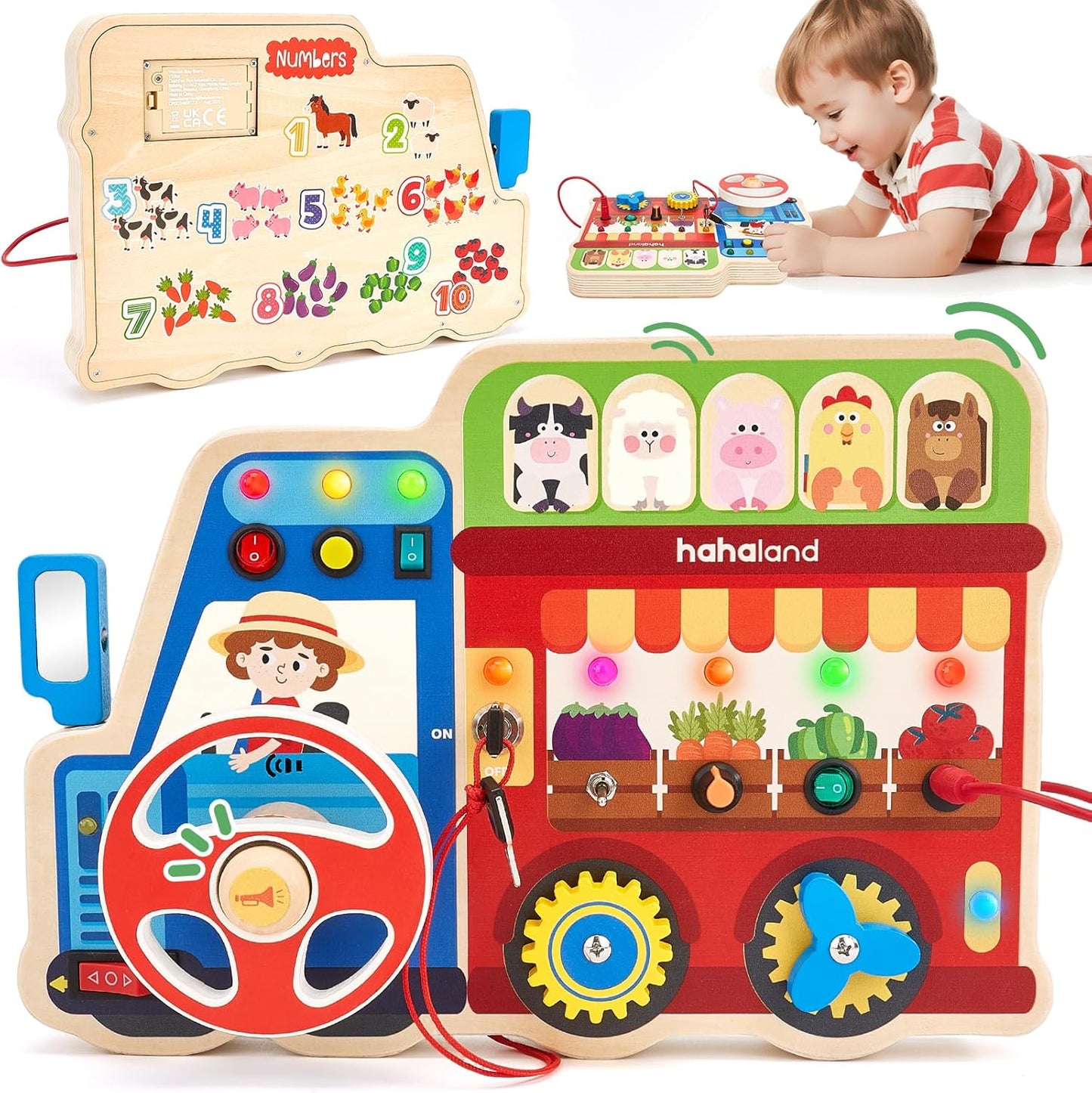 Hahaland Montessori busy board bus-shaped wooden sensory toy front view