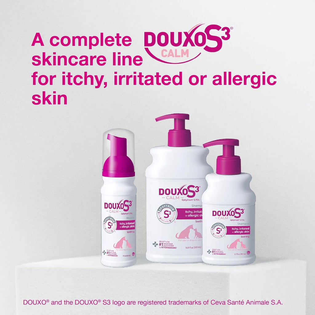 Authentic imported Douxo S3 calm treatment packaged for sensitive pet skin relief