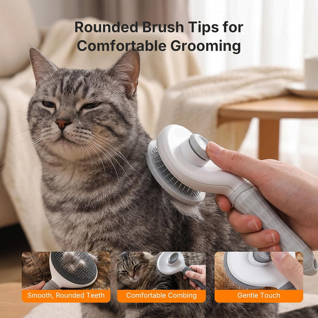 Premium dog and cat grooming brush being used to remove loose undercoat fur from a long hair pet.