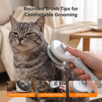 Premium dog and cat grooming brush being used to remove loose undercoat fur from a long hair pet.