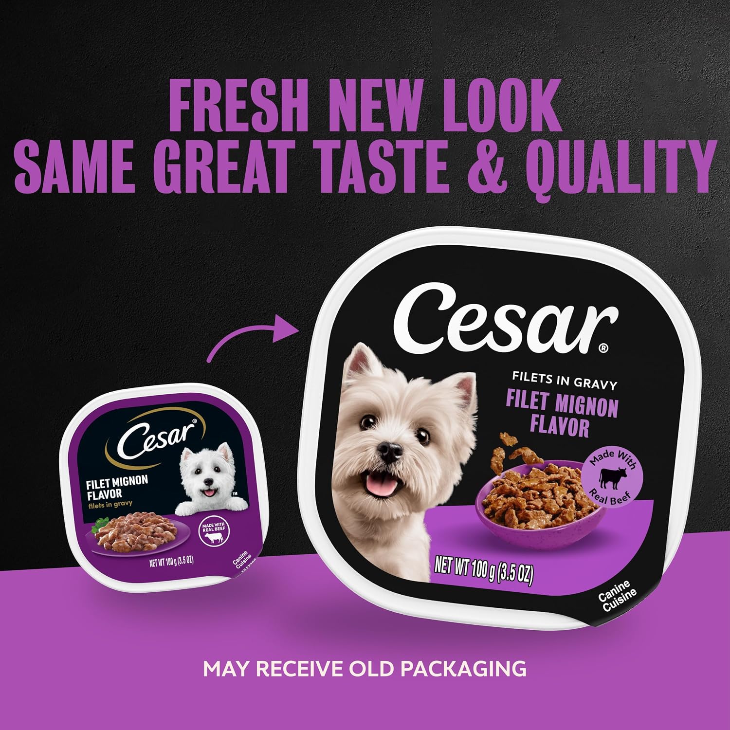 Close up of Cesar Filet Mignon wet dog food tray packaging