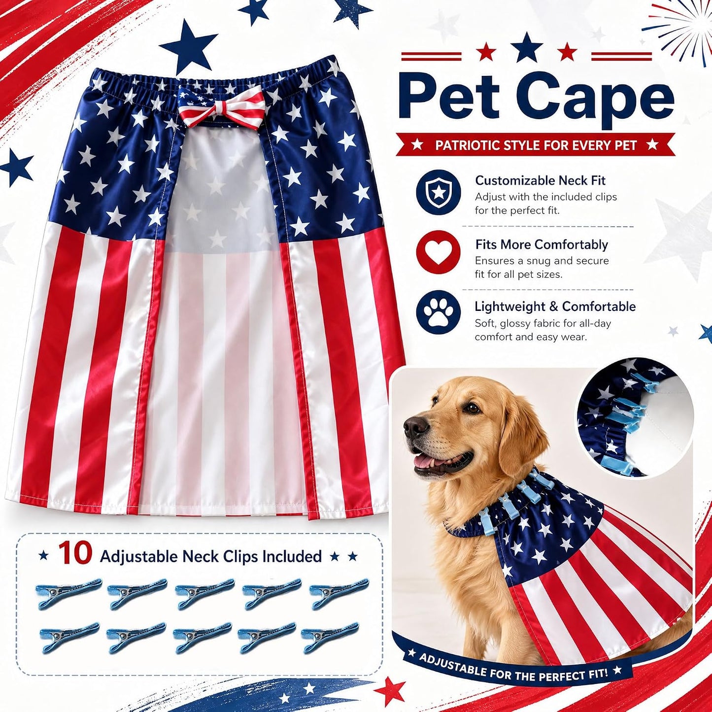 Side angle of the Tailcoat Cos patriotic dog cape highlighting the adjustable hook-and-loop belly fasteners.