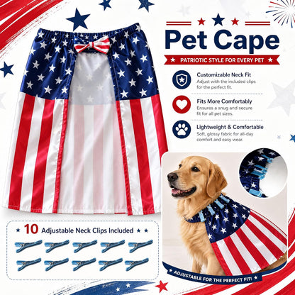Side angle of the Tailcoat Cos patriotic dog cape highlighting the adjustable hook-and-loop belly fasteners.