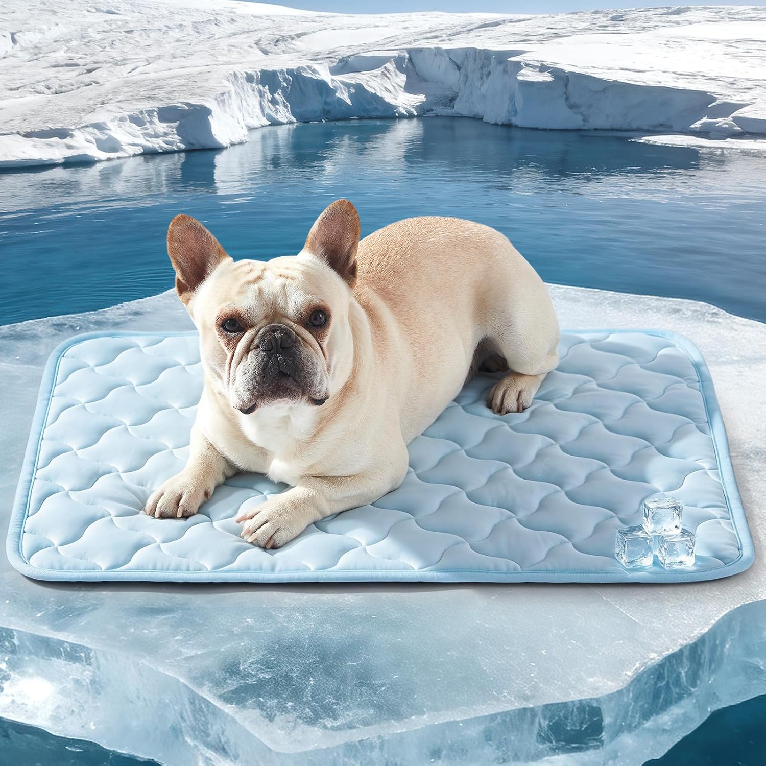 GASUR cooling mat for dogs front view displaying the light blue quilted fabric design.
