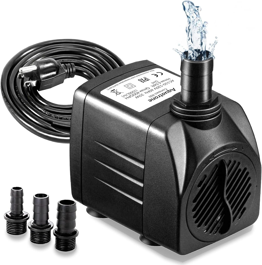 Aquatrone 400GPH Submersible Pump 25W front view showing the adjustable water flow control valve dial.
